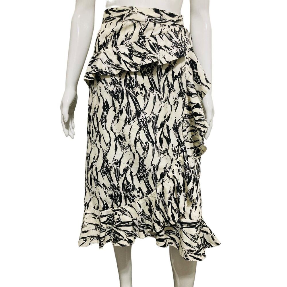 DEREK LAM White Black Cotton Printed Ruffle Wrap Midi Asymmetrical Skirt Size 8
